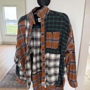 BDG Men's Casual Plaid Shirt - Green, Brown, and White